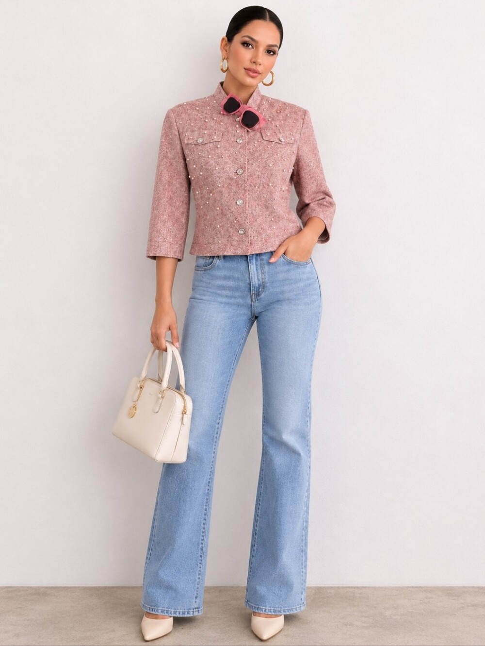 LL New York Pink Embellished Jacket | Faux Pearl Rhinestone Cropped Blazer Chic